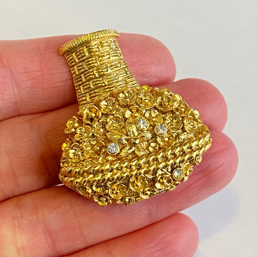 Vintage Avon Gold Tone Flower Basket Rhinestone Locket Perfume Brooch Pin